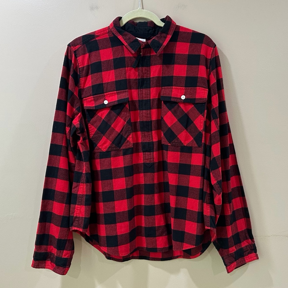 J. Crew Flannel Shirt Jacket Womens Red Black Buffalo Check Plaid Half Zip XL